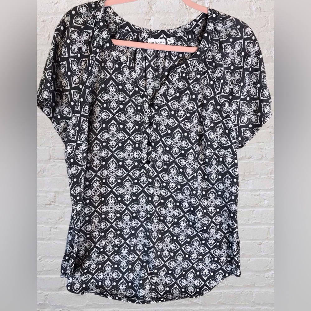 Kim Rogers Womens Dark Gray Geometric Peasant Short Sleeve Top sz L Artsy Casual